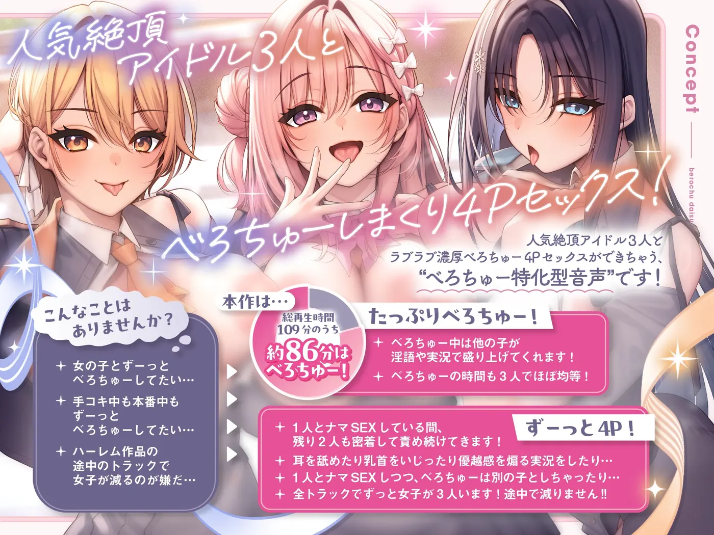 べろちゅー大好きアイドル3人と優越感MAXハーレム4P-かわるがわる濃厚ラブラブべろちゅー&優越感ムクムク実況&好きな子を選んで密着4PべろちゅーナマSEX-【キス特化】のサンプル画像1