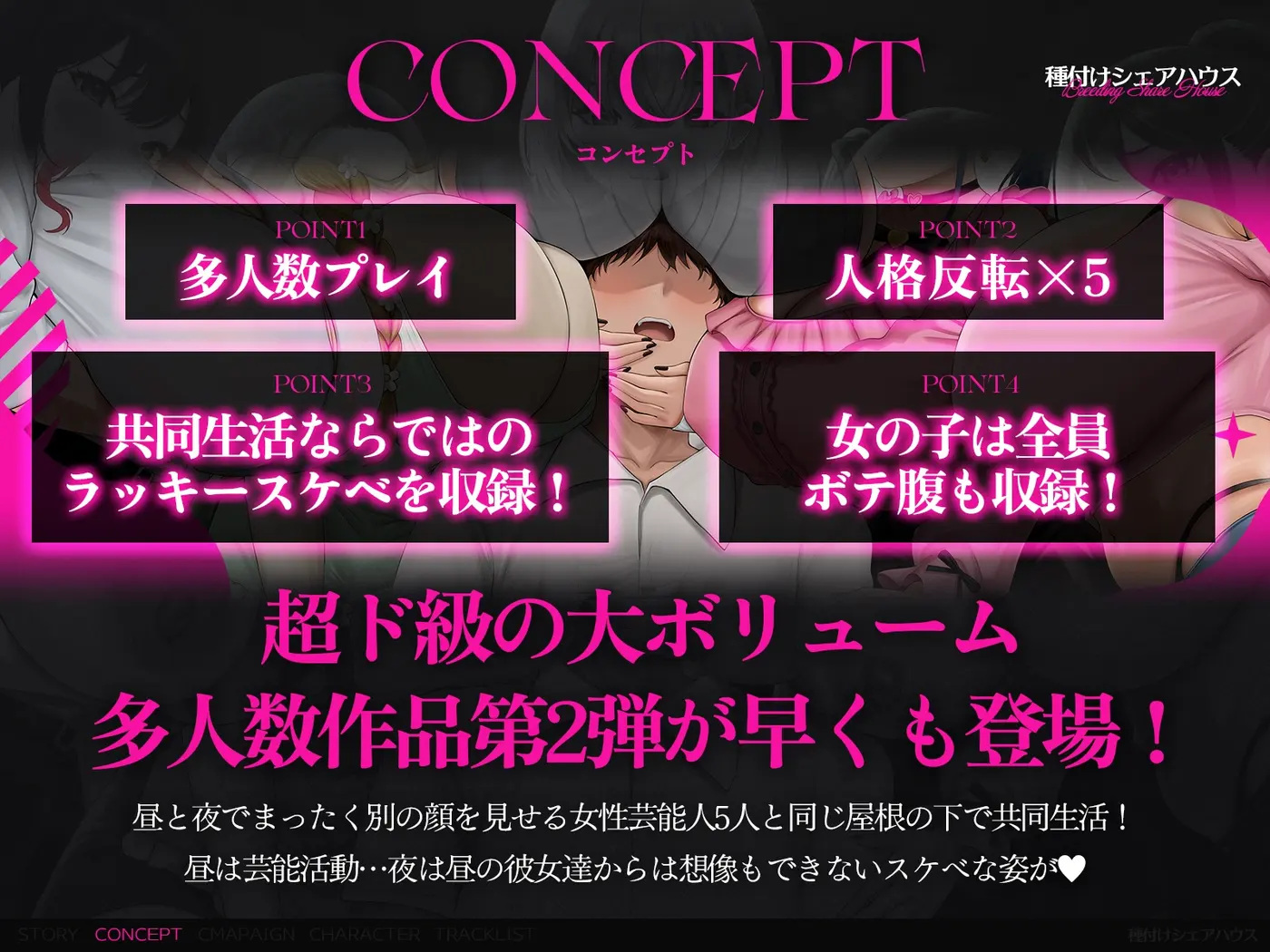 【30%OFF】【4時間半x5人ハーレム】種付けシェアハウス～女性芸能人5人と秘密の共同性活～のサンプル画像1